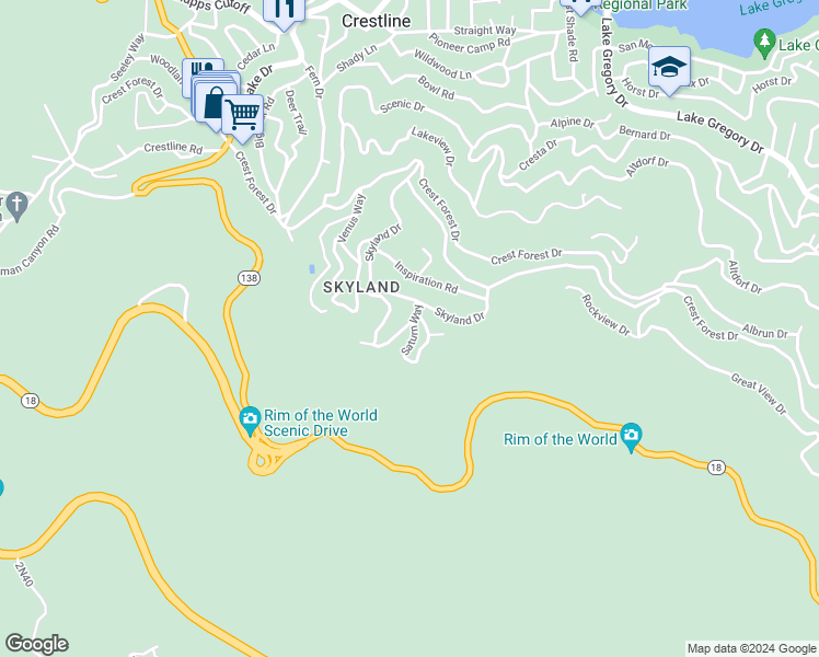 map of restaurants, bars, coffee shops, grocery stores, and more near 1180 Jupiter Way in Crestline