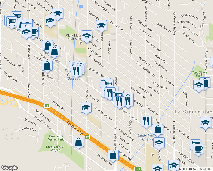 map of restaurants, bars, coffee shops, grocery stores, and more near 3200 Fairesta Street in Glendale