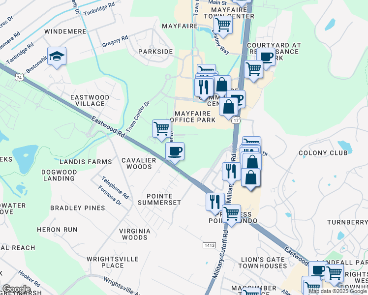 map of restaurants, bars, coffee shops, grocery stores, and more near 1541 Eastwood Road in Wilmington
