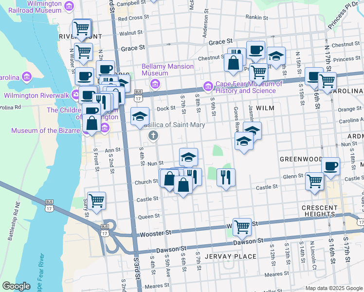 map of restaurants, bars, coffee shops, grocery stores, and more near 614 Ann Street in Wilmington
