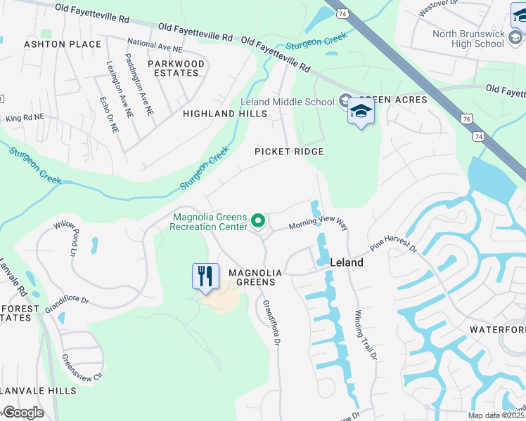 map of restaurants, bars, coffee shops, grocery stores, and more near 222 Windchime Way in Leland