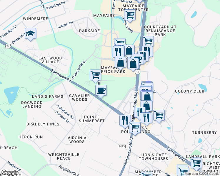 map of restaurants, bars, coffee shops, grocery stores, and more near 1541 Eastwood Road in Wilmington