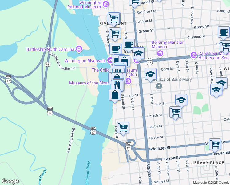 map of restaurants, bars, coffee shops, grocery stores, and more near 224 South Water Street in Wilmington