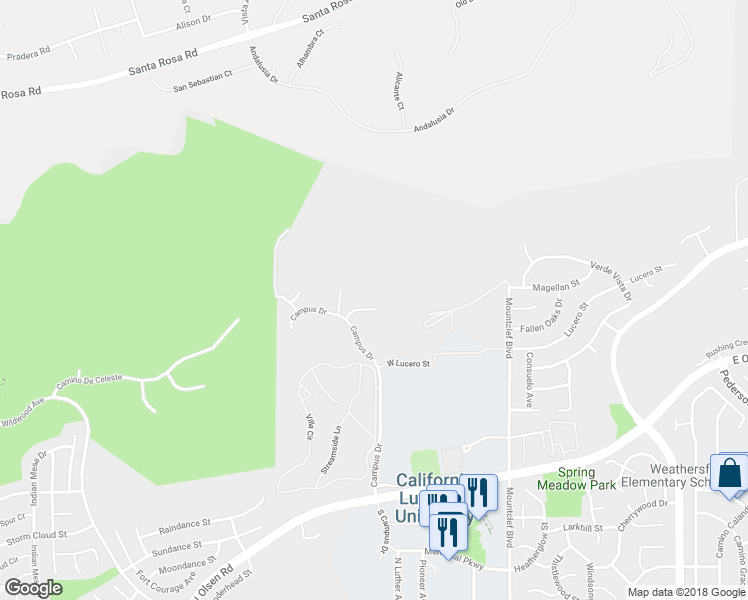 map of restaurants, bars, coffee shops, grocery stores, and more near 205 Bainbridge Court in Thousand Oaks