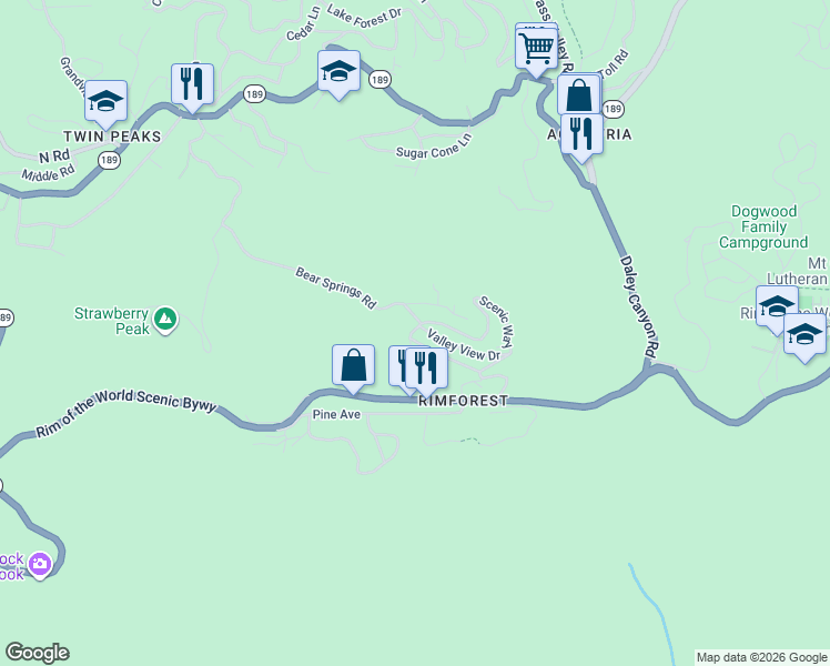 map of restaurants, bars, coffee shops, grocery stores, and more near 1209 Bridal Path in Lake Arrowhead