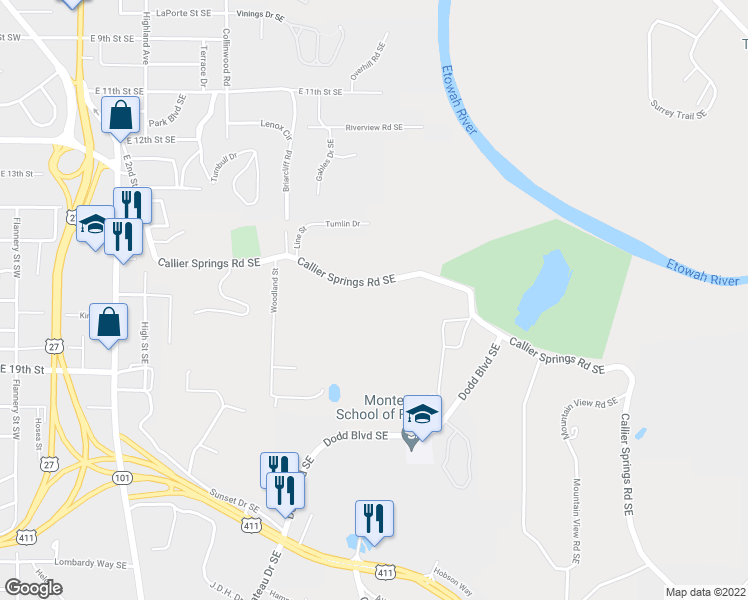 map of restaurants, bars, coffee shops, grocery stores, and more near 2622 Callier Springs Road Southeast in Rome