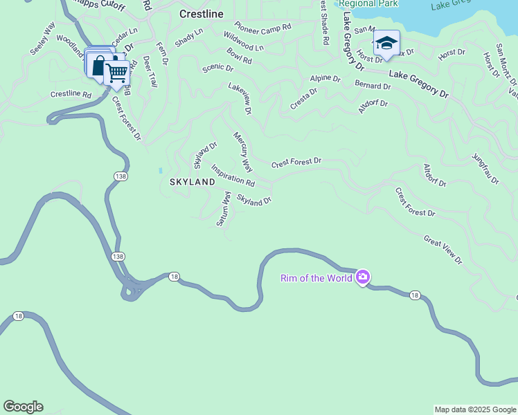 map of restaurants, bars, coffee shops, grocery stores, and more near 23903 Skyland Drive in Crestline