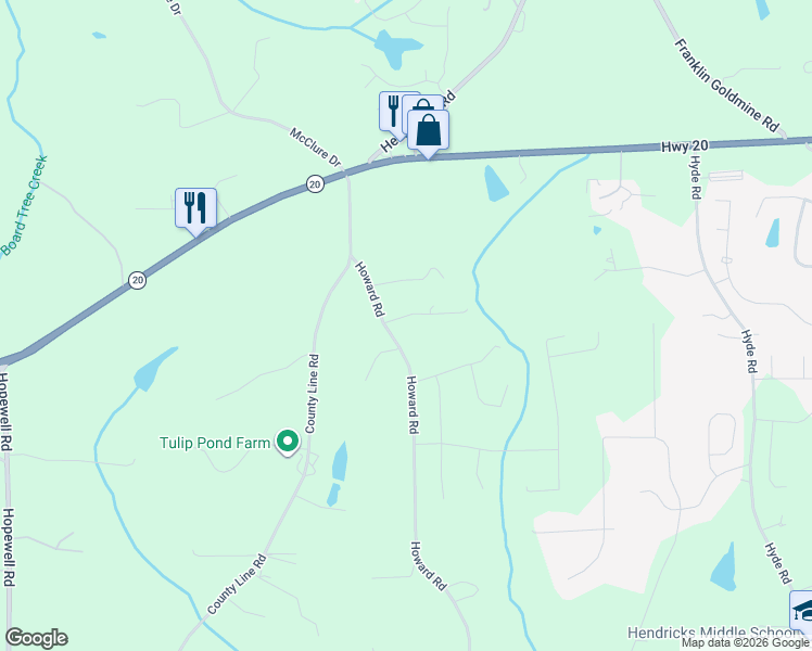map of restaurants, bars, coffee shops, grocery stores, and more near 5590 Howard Road in Cumming