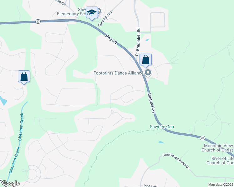 map of restaurants, bars, coffee shops, grocery stores, and more near 1265 Crestbrook Drive in Cumming