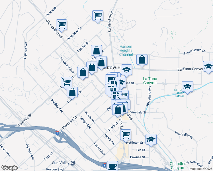 map of restaurants, bars, coffee shops, grocery stores, and more near 8914 Glenoaks Boulevard in Los Angeles