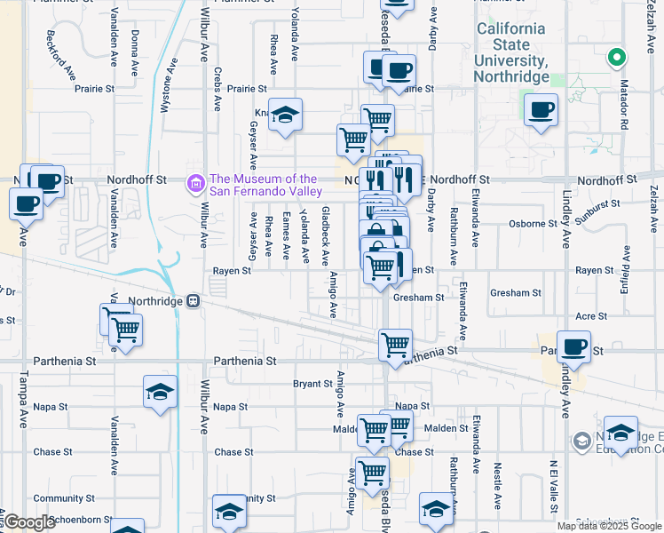 map of restaurants, bars, coffee shops, grocery stores, and more near 8900 Gladbeck Avenue in Los Angeles