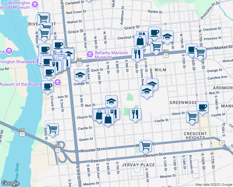 map of restaurants, bars, coffee shops, grocery stores, and more near 714 Ann Street in Wilmington