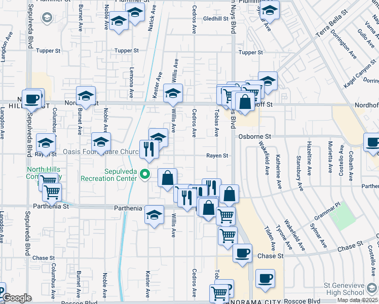 map of restaurants, bars, coffee shops, grocery stores, and more near 14701 Rayen Street in Los Angeles