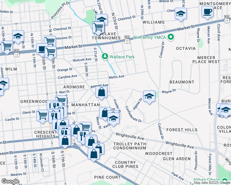 map of restaurants, bars, coffee shops, grocery stores, and more near 2212 Gibson Avenue in Wilmington
