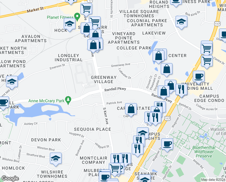 map of restaurants, bars, coffee shops, grocery stores, and more near 4608 Randall Parkway in Wilmington