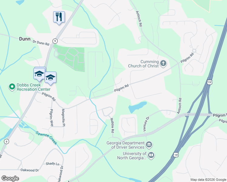 map of restaurants, bars, coffee shops, grocery stores, and more near 1735 Pilgrim Road in Cumming