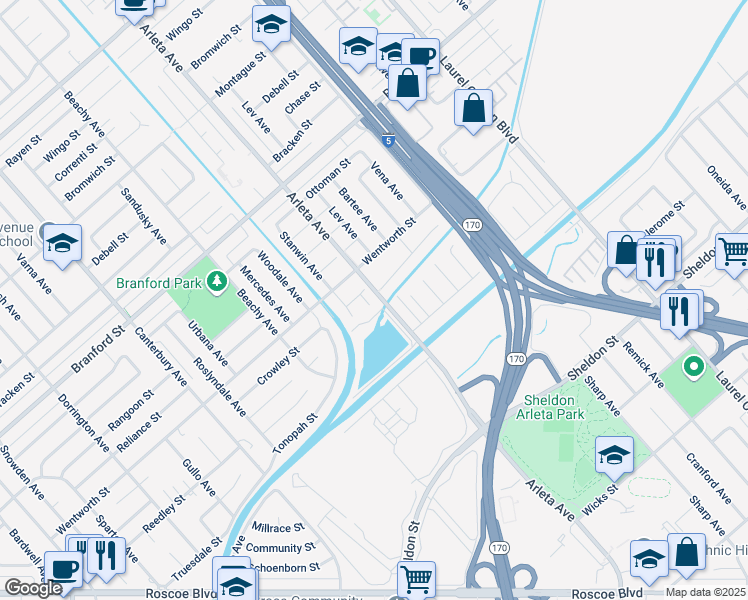 map of restaurants, bars, coffee shops, grocery stores, and more near 8917 Flashman Avenue in Los Angeles