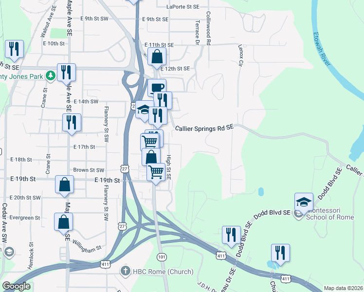 map of restaurants, bars, coffee shops, grocery stores, and more near 1701 High Street Southeast in Rome
