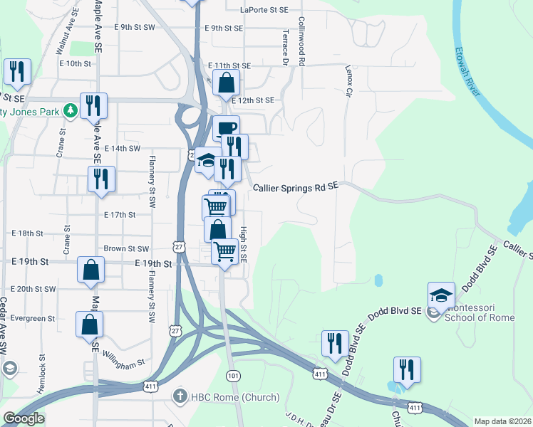 map of restaurants, bars, coffee shops, grocery stores, and more near 121 East Boundary Street Southeast in Rome