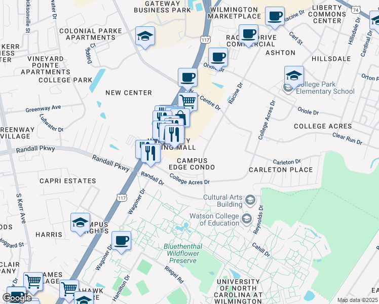 map of restaurants, bars, coffee shops, grocery stores, and more near 452 Racine Drive in Wilmington
