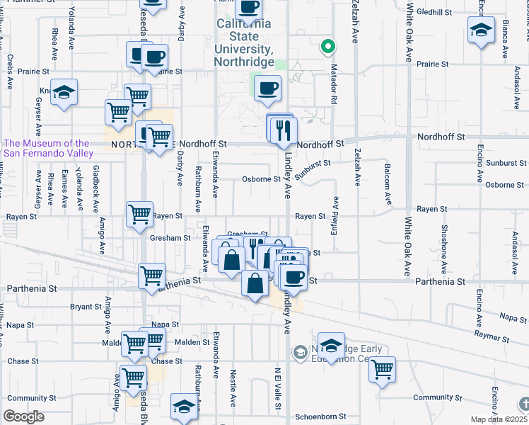 map of restaurants, bars, coffee shops, grocery stores, and more near 18143 Rayen Street in Northridge