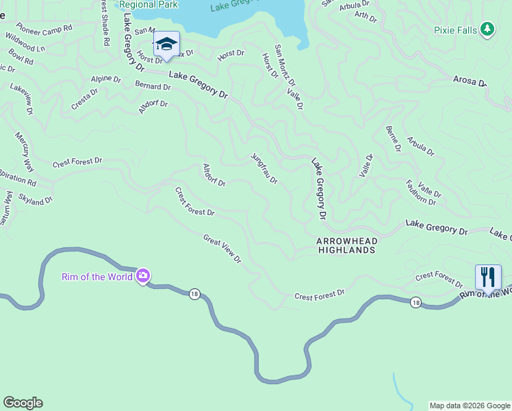map of restaurants, bars, coffee shops, grocery stores, and more near 24561 Altdorf Drive in Crestline