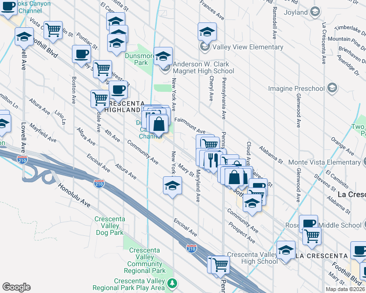 map of restaurants, bars, coffee shops, grocery stores, and more near 3343 Foothill Boulevard in La Crescenta-Montrose