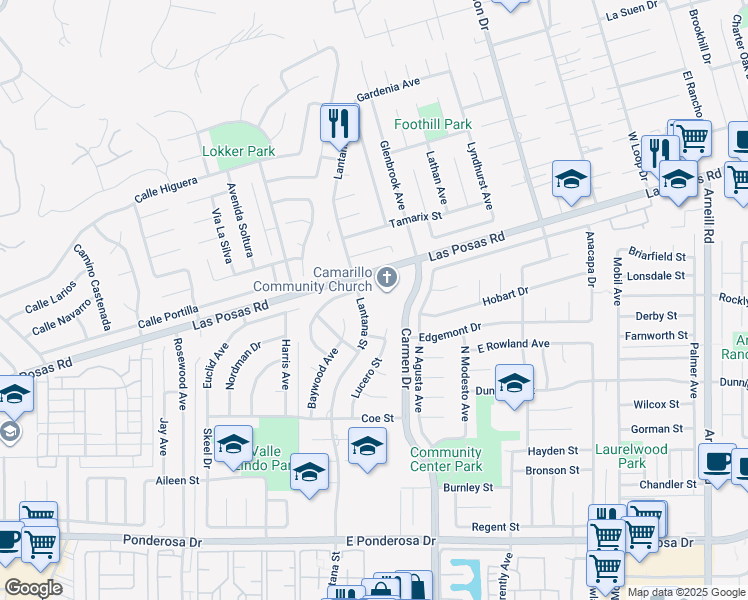 map of restaurants, bars, coffee shops, grocery stores, and more near 1416 Lantana Street in Camarillo