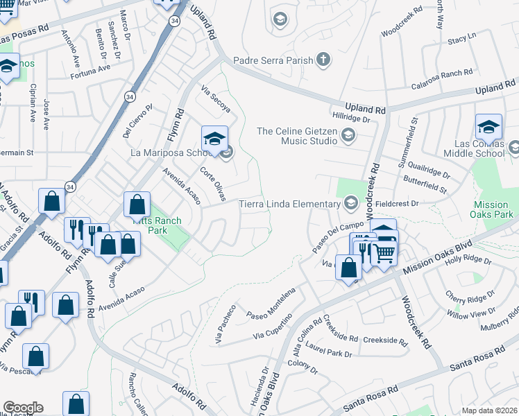 map of restaurants, bars, coffee shops, grocery stores, and more near 5117 Caminito Posada in Camarillo