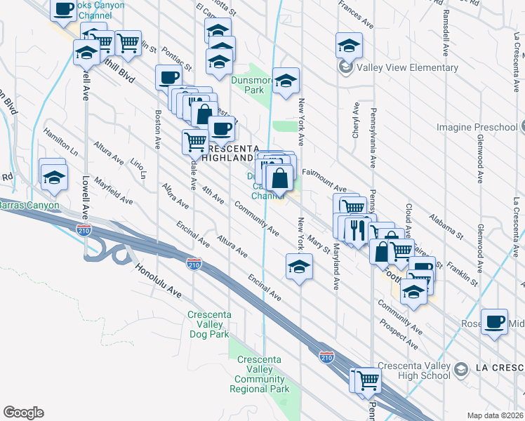 map of restaurants, bars, coffee shops, grocery stores, and more near 3500 Fairchild Street in Glendale