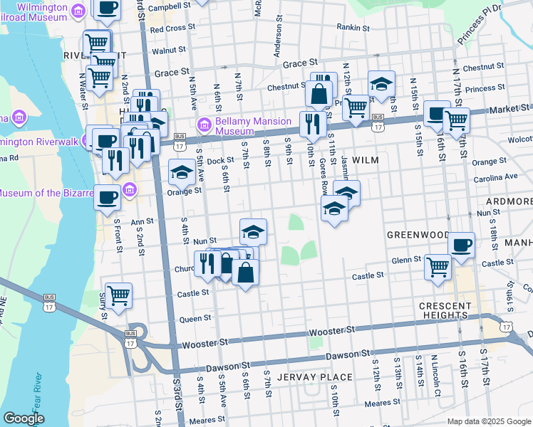 map of restaurants, bars, coffee shops, grocery stores, and more near 714 Ann Street in Wilmington