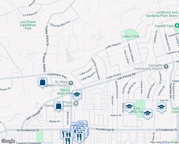 map of restaurants, bars, coffee shops, grocery stores, and more near 320 Calle Larios in Camarillo