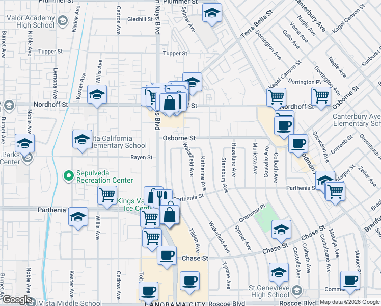 map of restaurants, bars, coffee shops, grocery stores, and more near 8849 Wakefield Avenue in Los Angeles