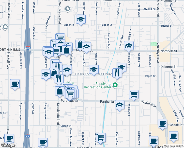 map of restaurants, bars, coffee shops, grocery stores, and more near 8886 Burnet Avenue in Los Angeles