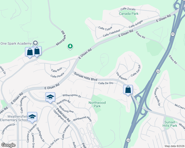 map of restaurants, bars, coffee shops, grocery stores, and more near 1369 Calle De Oro in Thousand Oaks
