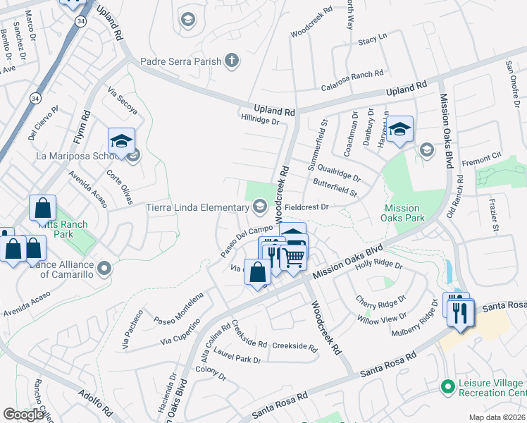 map of restaurants, bars, coffee shops, grocery stores, and more near 100 Paseo Del Campo in Camarillo