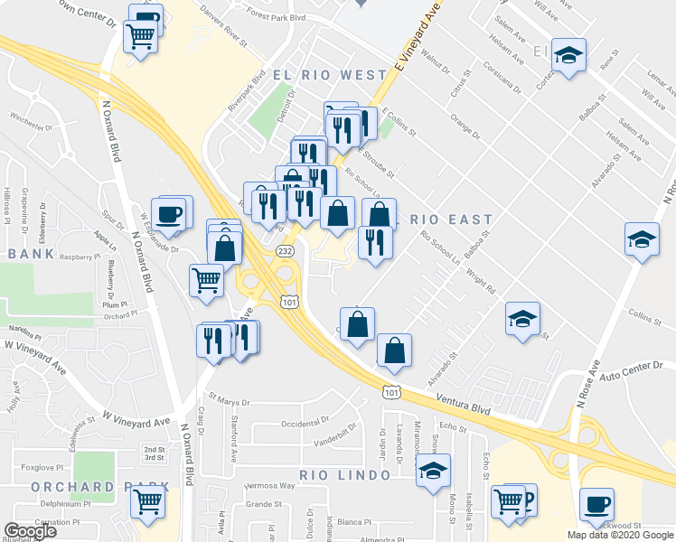 map of restaurants, bars, coffee shops, grocery stores, and more near 211 Ventura Boulevard in Oxnard