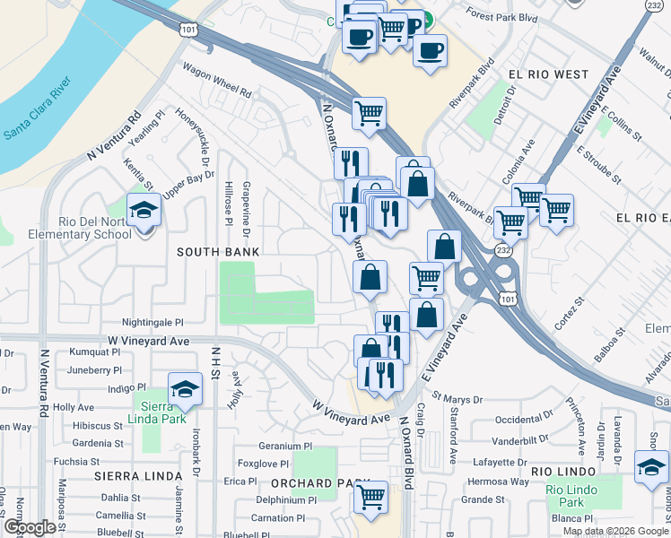 map of restaurants, bars, coffee shops, grocery stores, and more near 2420 Cranberry Drive in Oxnard