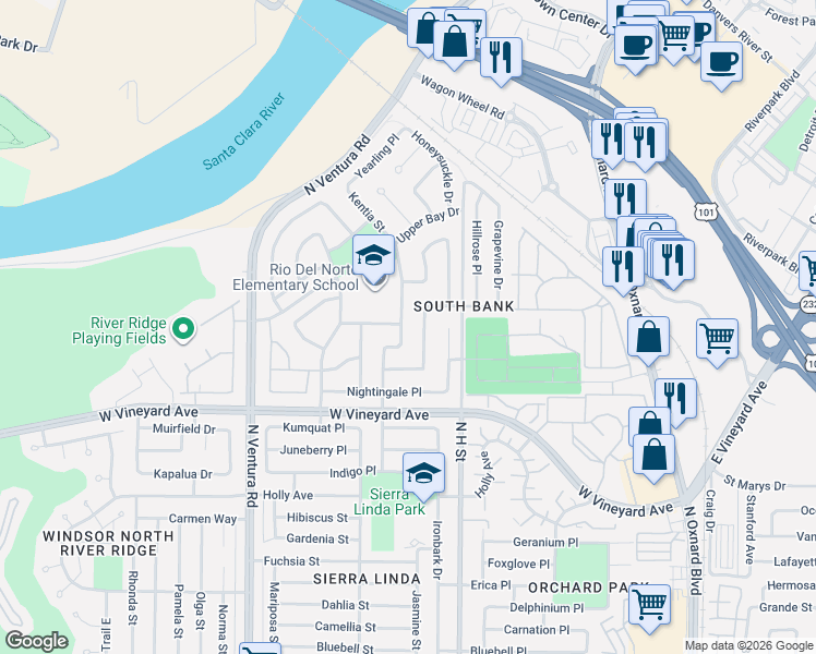 map of restaurants, bars, coffee shops, grocery stores, and more near 2450 Kentia Street in Oxnard
