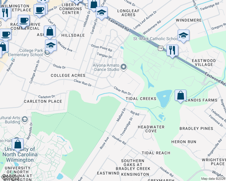map of restaurants, bars, coffee shops, grocery stores, and more near 5412 Clear Run Dr in Wilmington