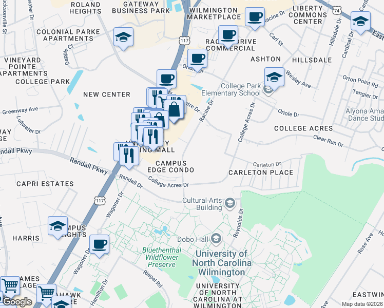 map of restaurants, bars, coffee shops, grocery stores, and more near 463 Racine Drive in Wilmington