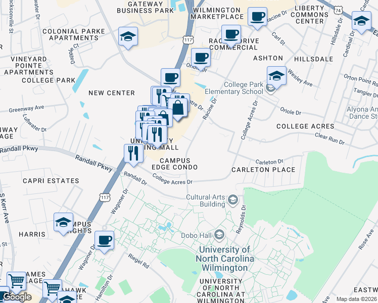 map of restaurants, bars, coffee shops, grocery stores, and more near 463 Racine Drive in Wilmington