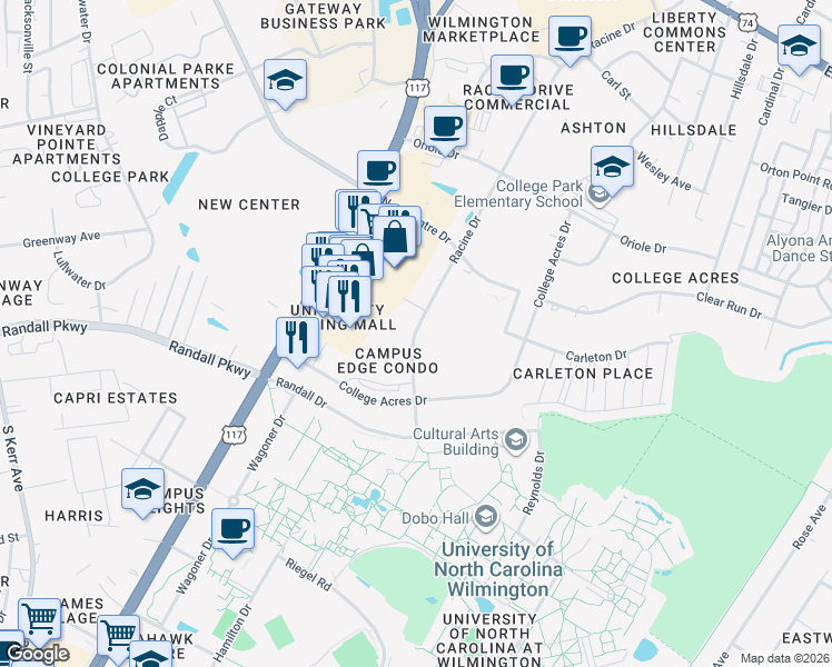 map of restaurants, bars, coffee shops, grocery stores, and more near 463 Racine Drive in Wilmington