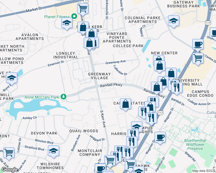 map of restaurants, bars, coffee shops, grocery stores, and more near 375 South Kerr Avenue in Wilmington