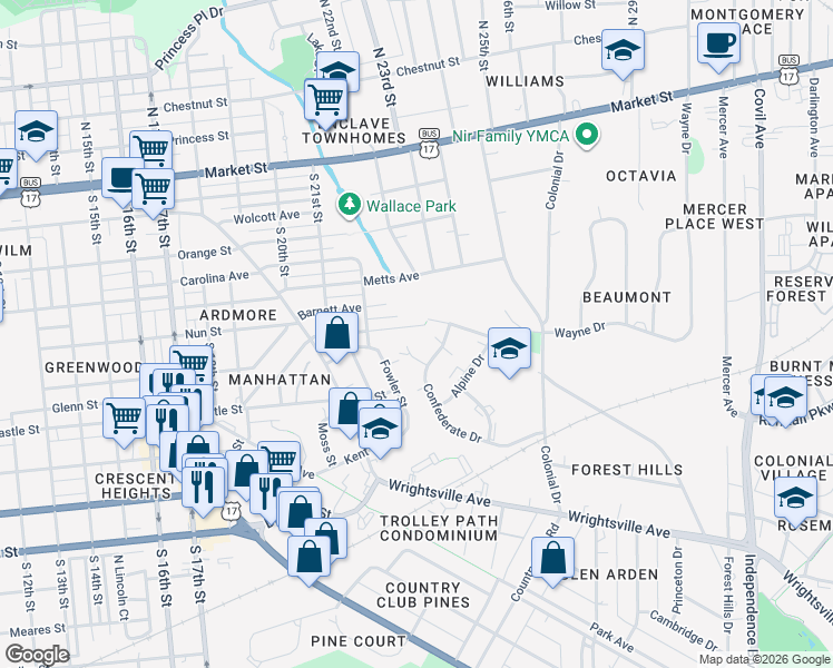 map of restaurants, bars, coffee shops, grocery stores, and more near 2425 Confederate Drive in Wilmington
