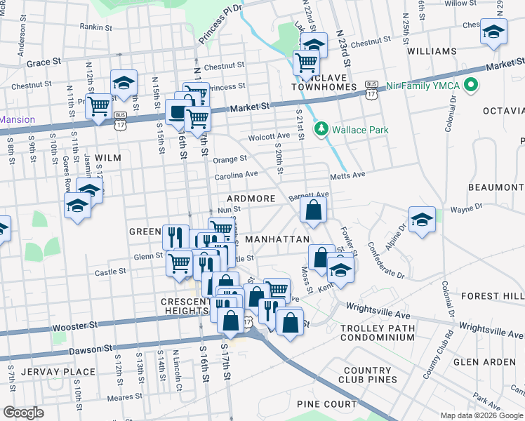 map of restaurants, bars, coffee shops, grocery stores, and more near 1917 Church Street in Wilmington