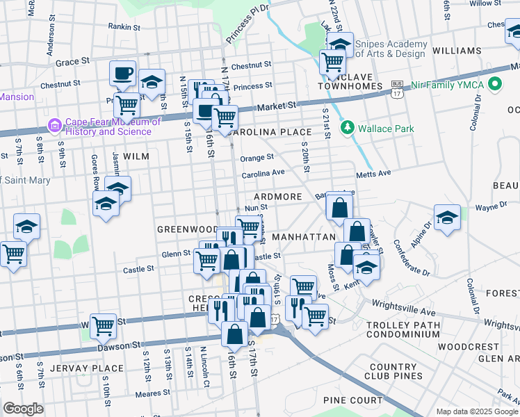 map of restaurants, bars, coffee shops, grocery stores, and more near 412 South 19th Street in Wilmington