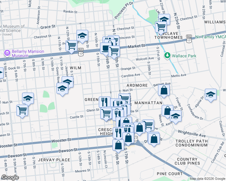 map of restaurants, bars, coffee shops, grocery stores, and more near 407 South 16th Street in Wilmington