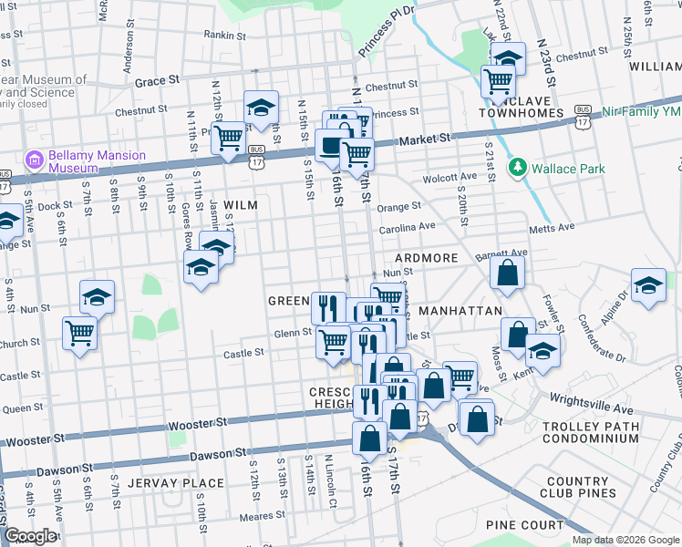 map of restaurants, bars, coffee shops, grocery stores, and more near 407 South 16th Street in Wilmington
