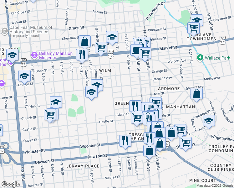 map of restaurants, bars, coffee shops, grocery stores, and more near 402 South 14th Street in Wilmington